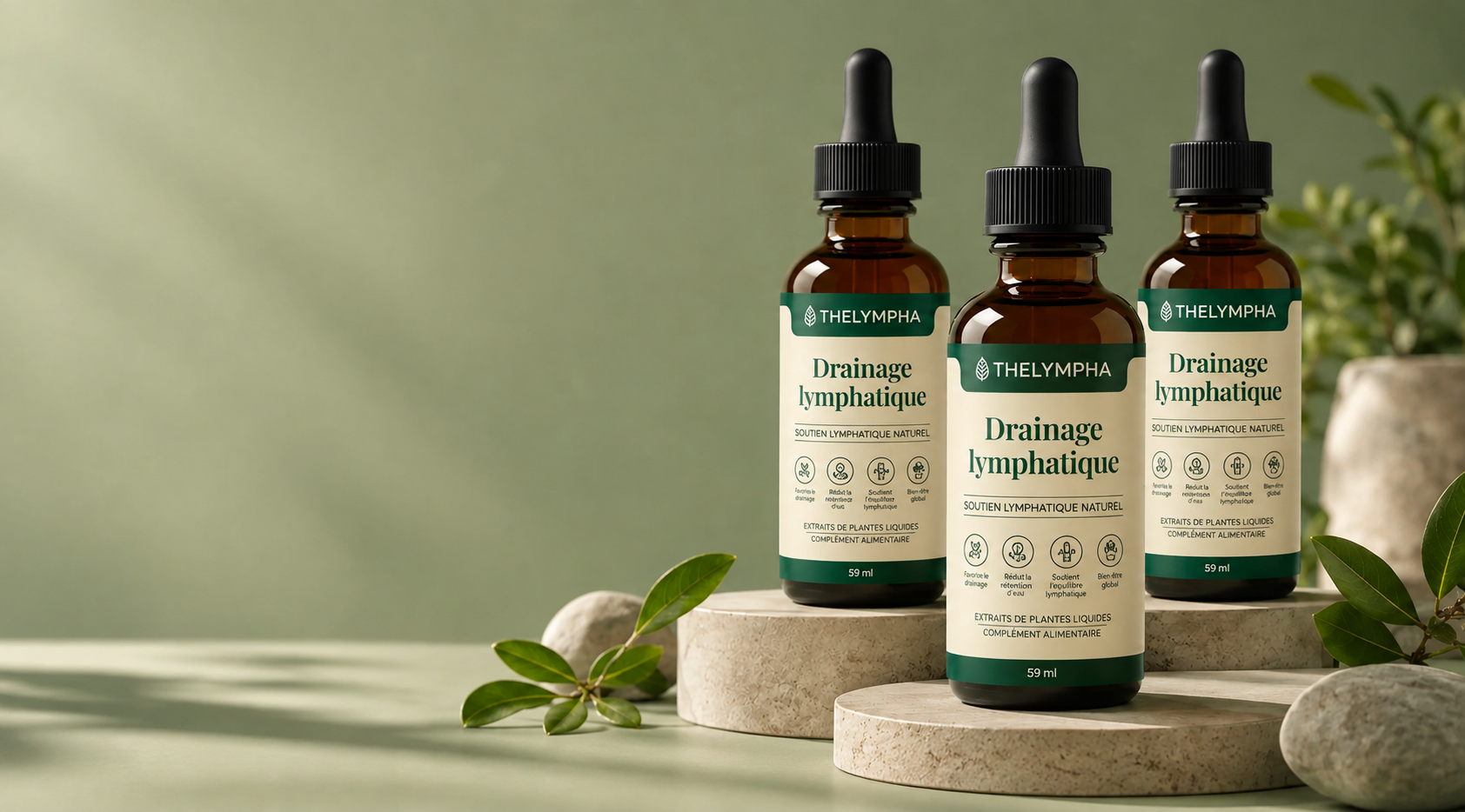 Thelympha lymphatic drainage bottles among stones and greenery
